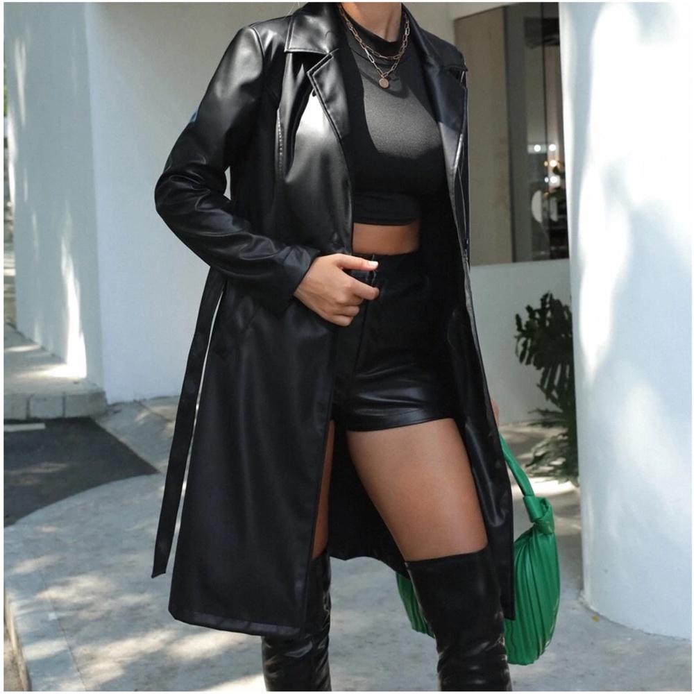 Luxe Black Vegan Leather belted Jacket Coat